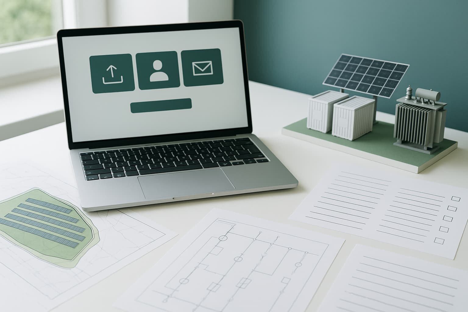 Secure energy project intake workspace with technical drawings, PV layout, storage model and upload interface.