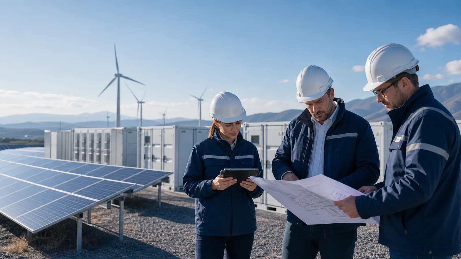 Energy engineers inspecting solar, wind and battery storage infrastructure on site.