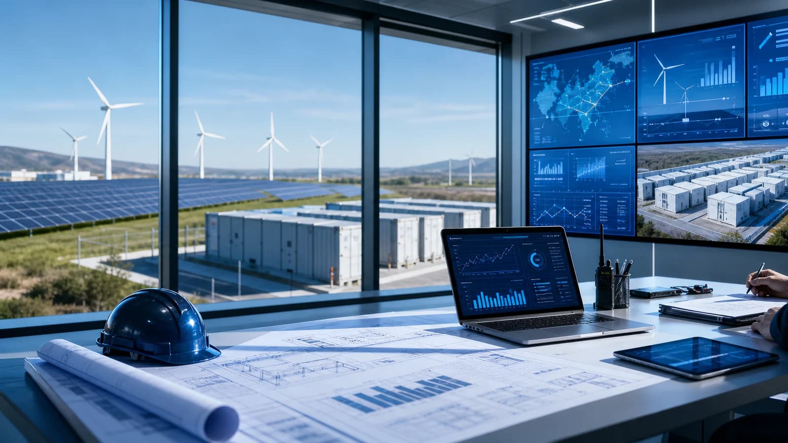 Renewable energy project control room with solar, wind and battery storage monitoring.