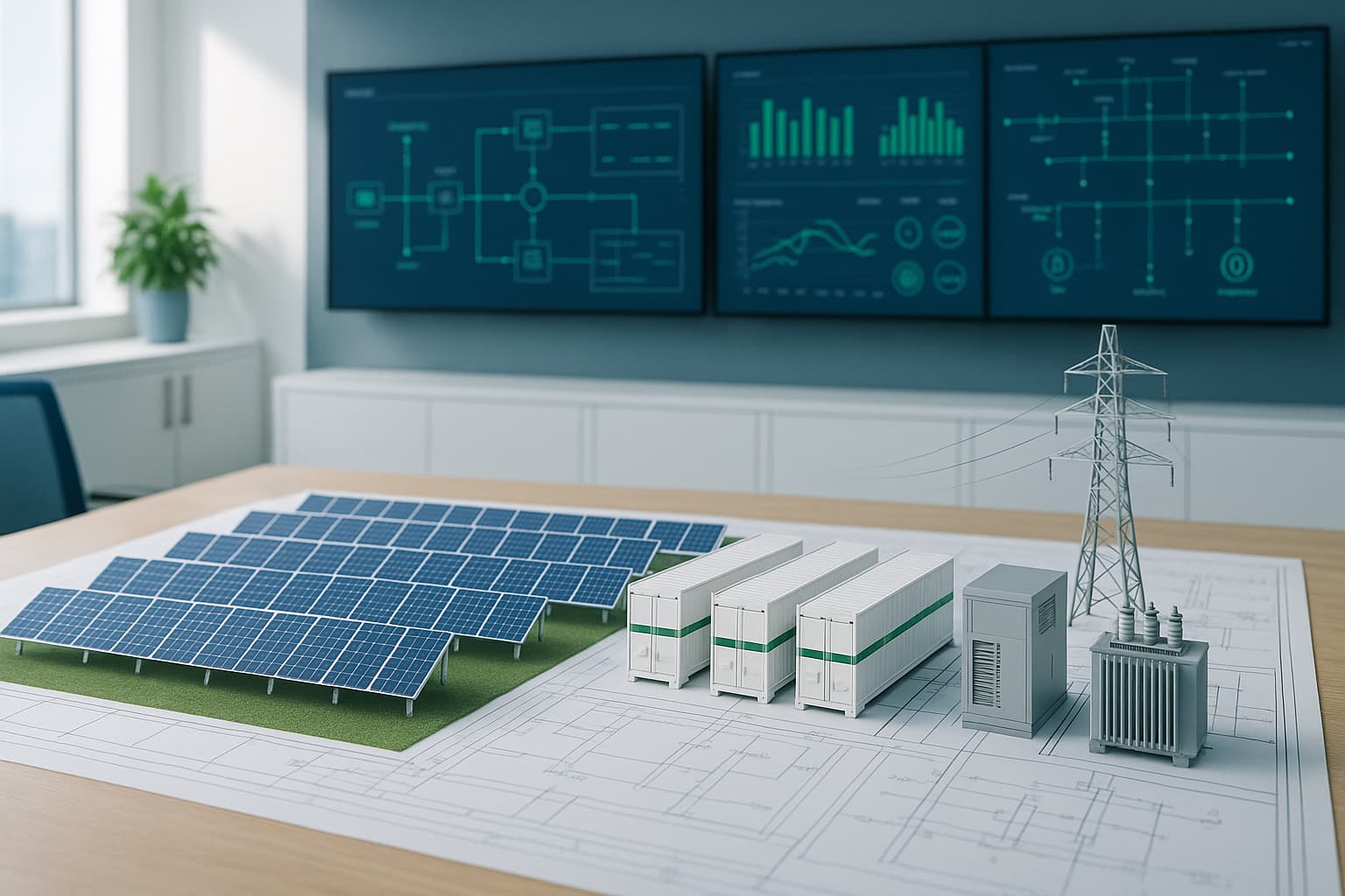 Renewable energy technology ecosystem with PV, battery storage, grid equipment and SCADA monitoring.